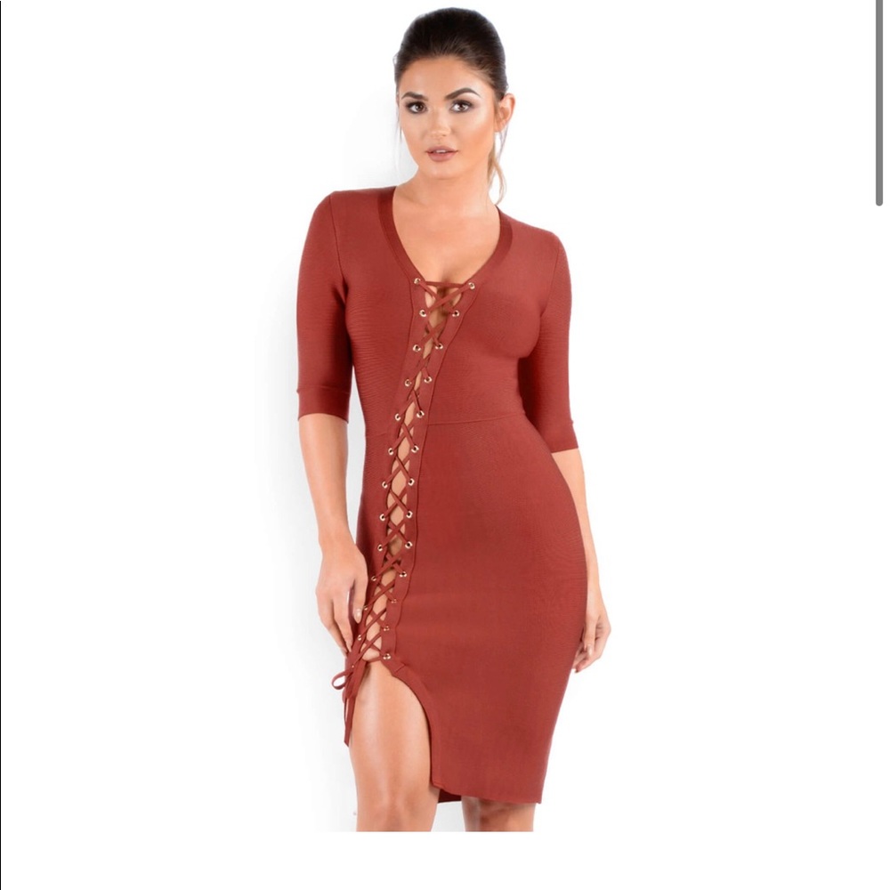 CROSS IT OFF BANDAGE DRESS IN DUSTY CEDAR SZ S - Picture 3 of 3